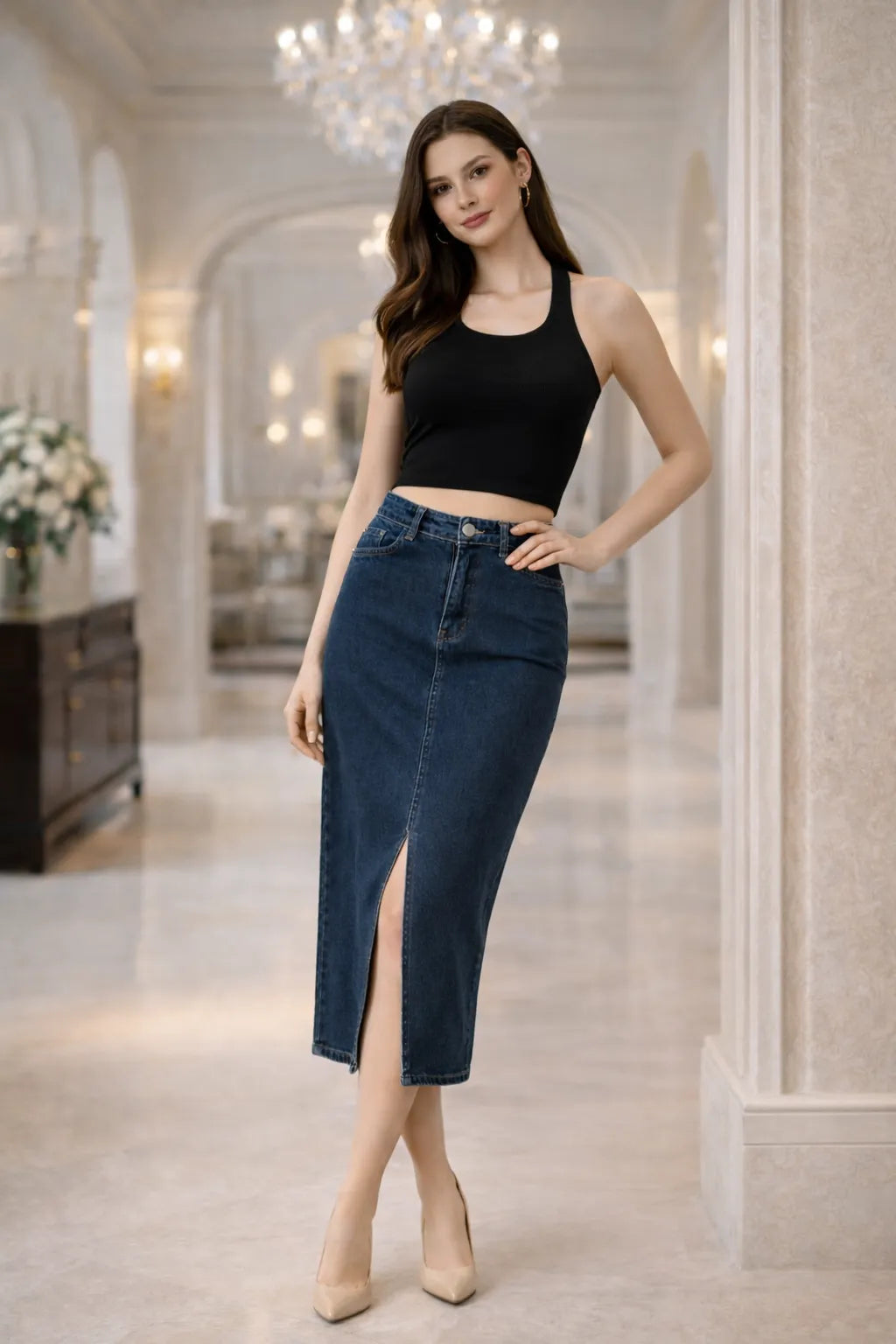 Midnight Blue Slit Denim Skirt