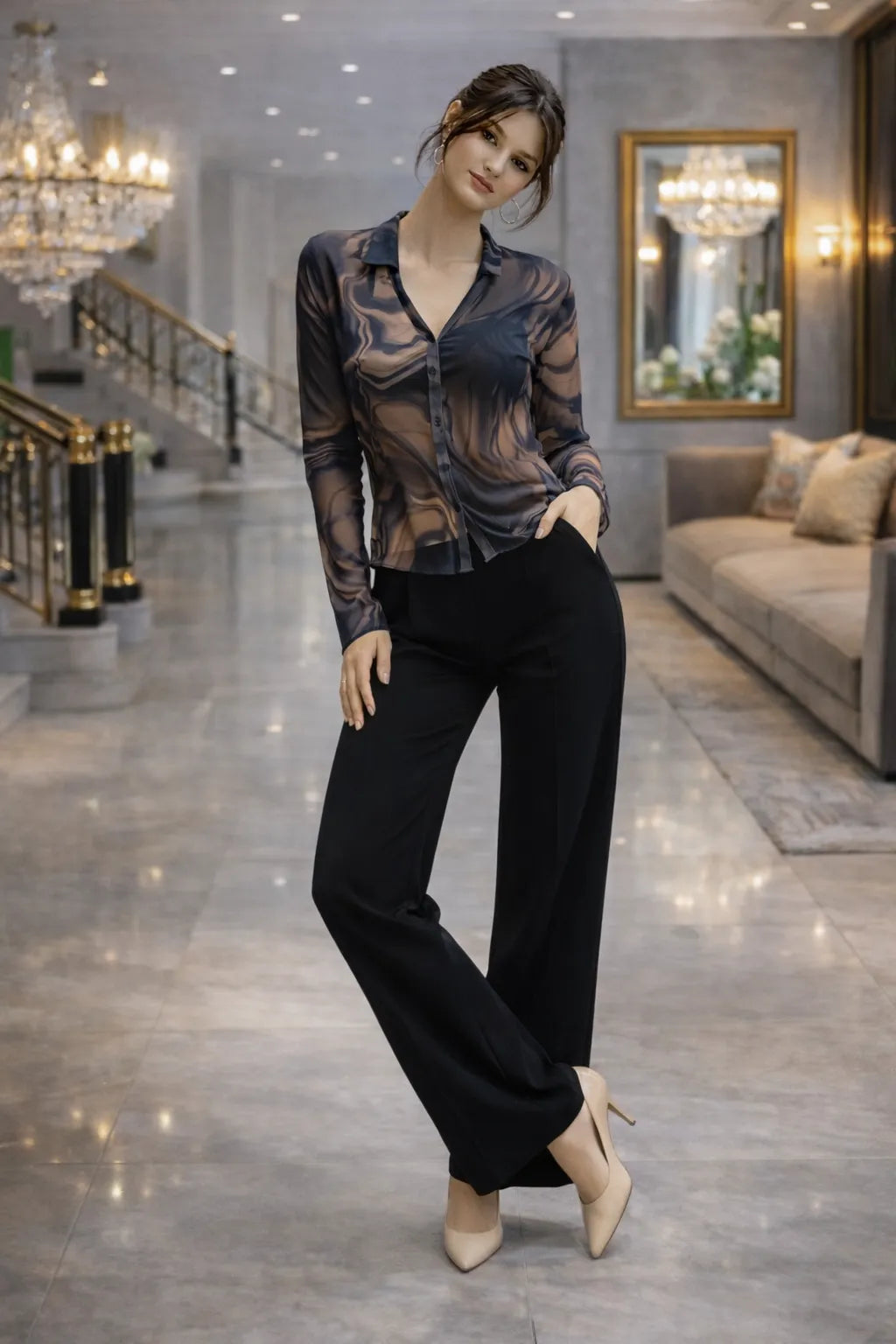 Abstract Print Mesh Shirt