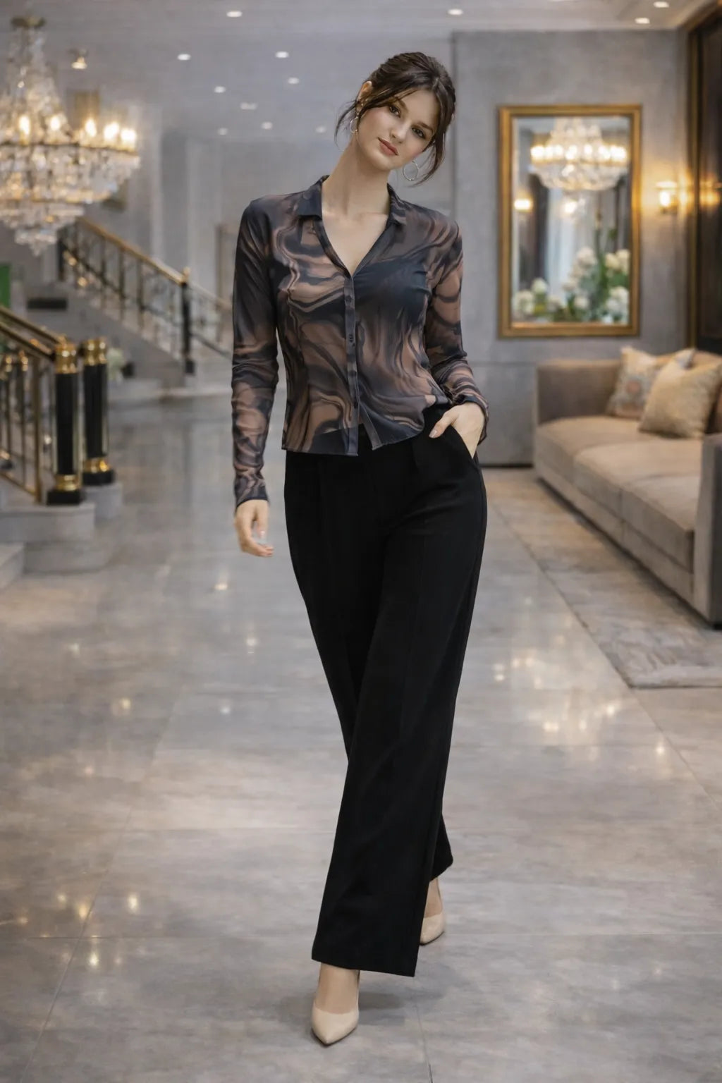 Abstract Print Mesh Shirt