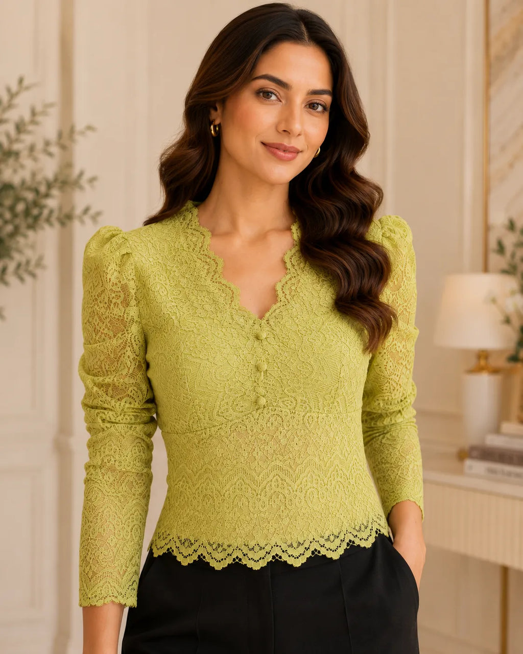 Aureviella Scalloped Floral Lace Pelum Top Top