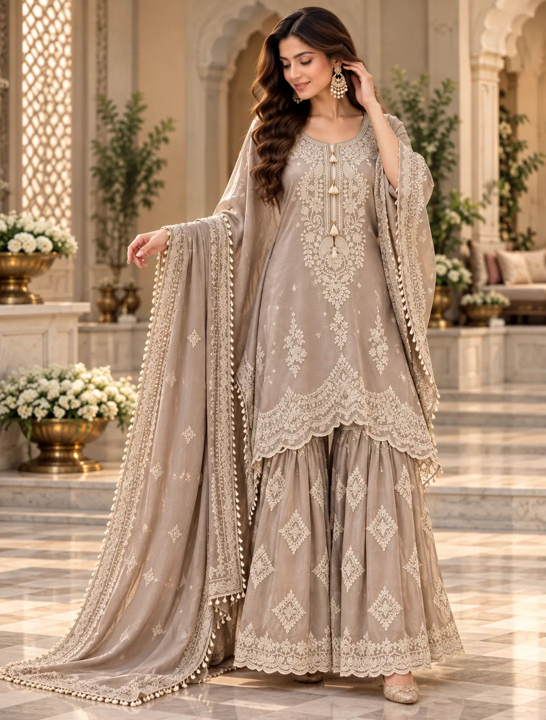 Azehira Grace Embroidered Kaftan Sharara Suit Set
