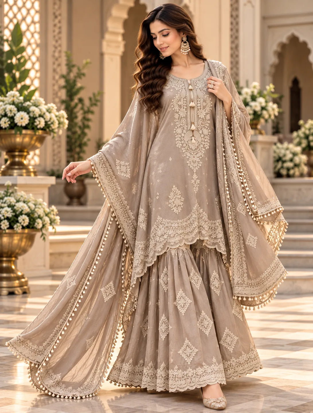 Azehira Grace Embroidered Kaftan Sharara Suit Set