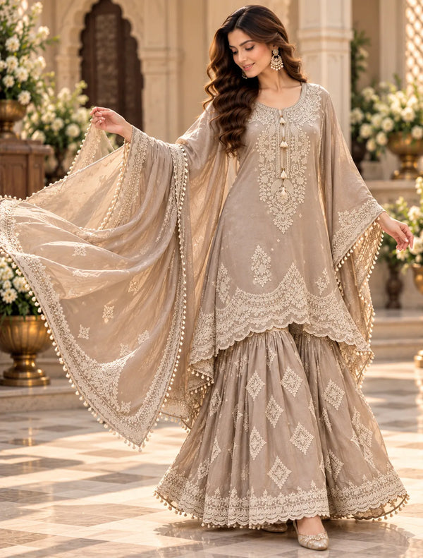 Azehira Grace Embroidered Kaftan Sharara Suit Set