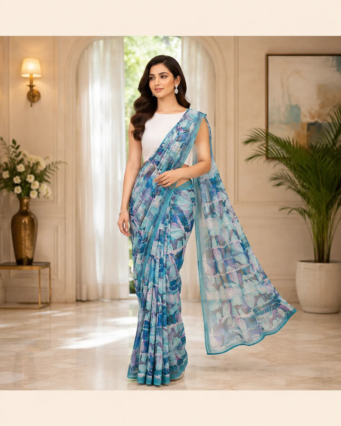 Azure Mosaic Printed Georgette Saree