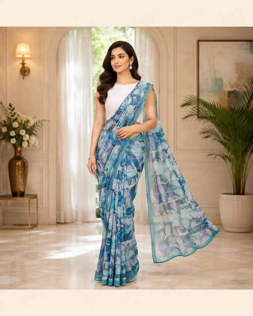 Azure Mosaic Printed Georgette Saree