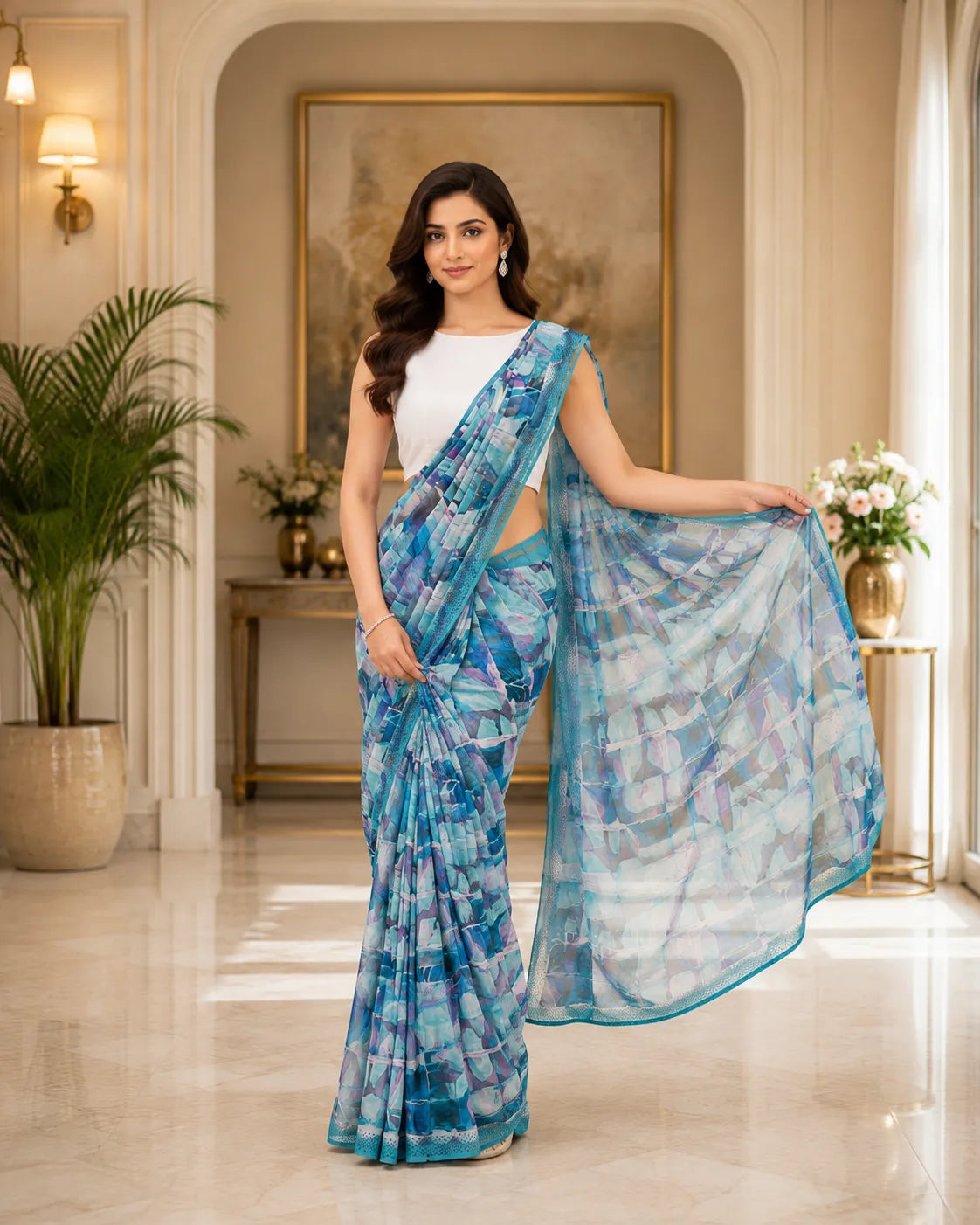 Azure Mosaic Printed Georgette Saree