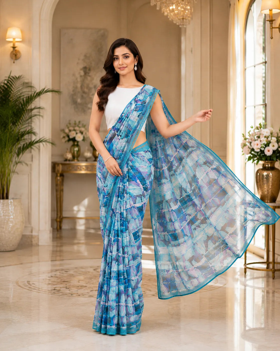 Azure Mosaic Printed Georgette Saree