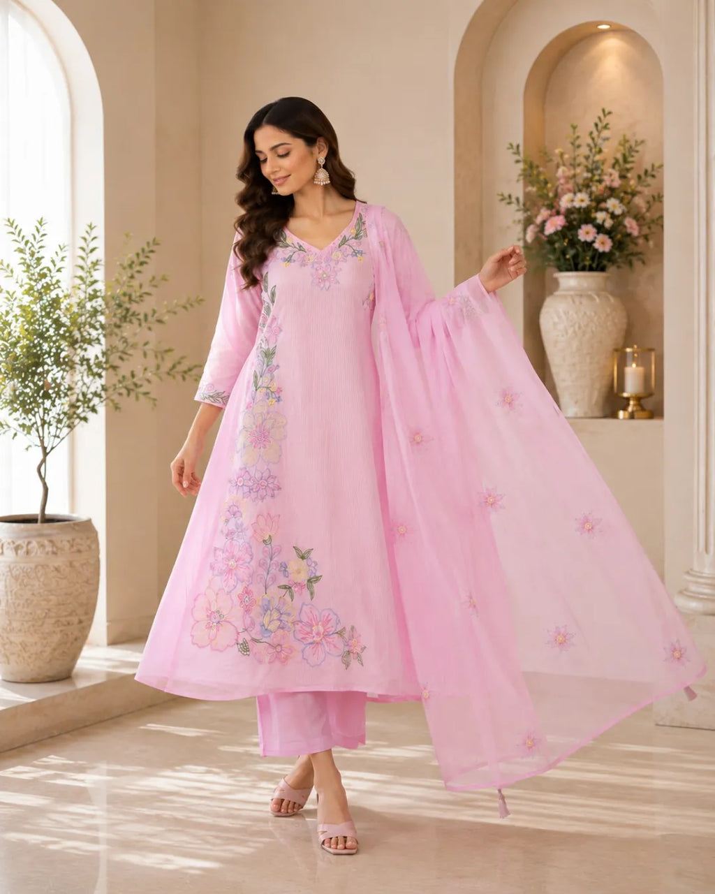 Blush Bloom Anarkali Cotton Suit Set
