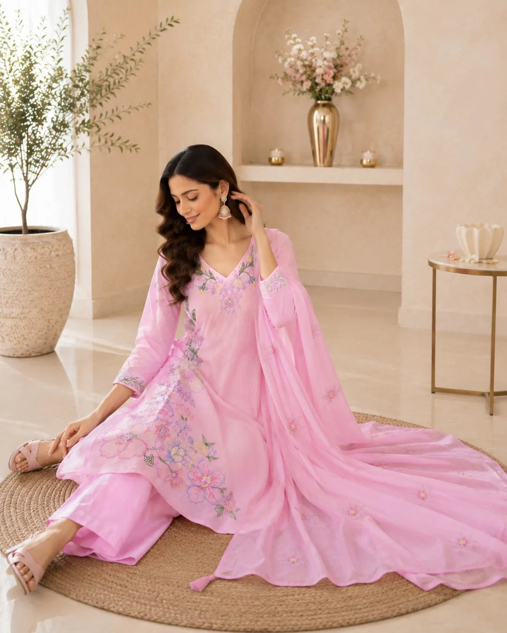 Blush Bloom Anarkali Cotton Suit Set