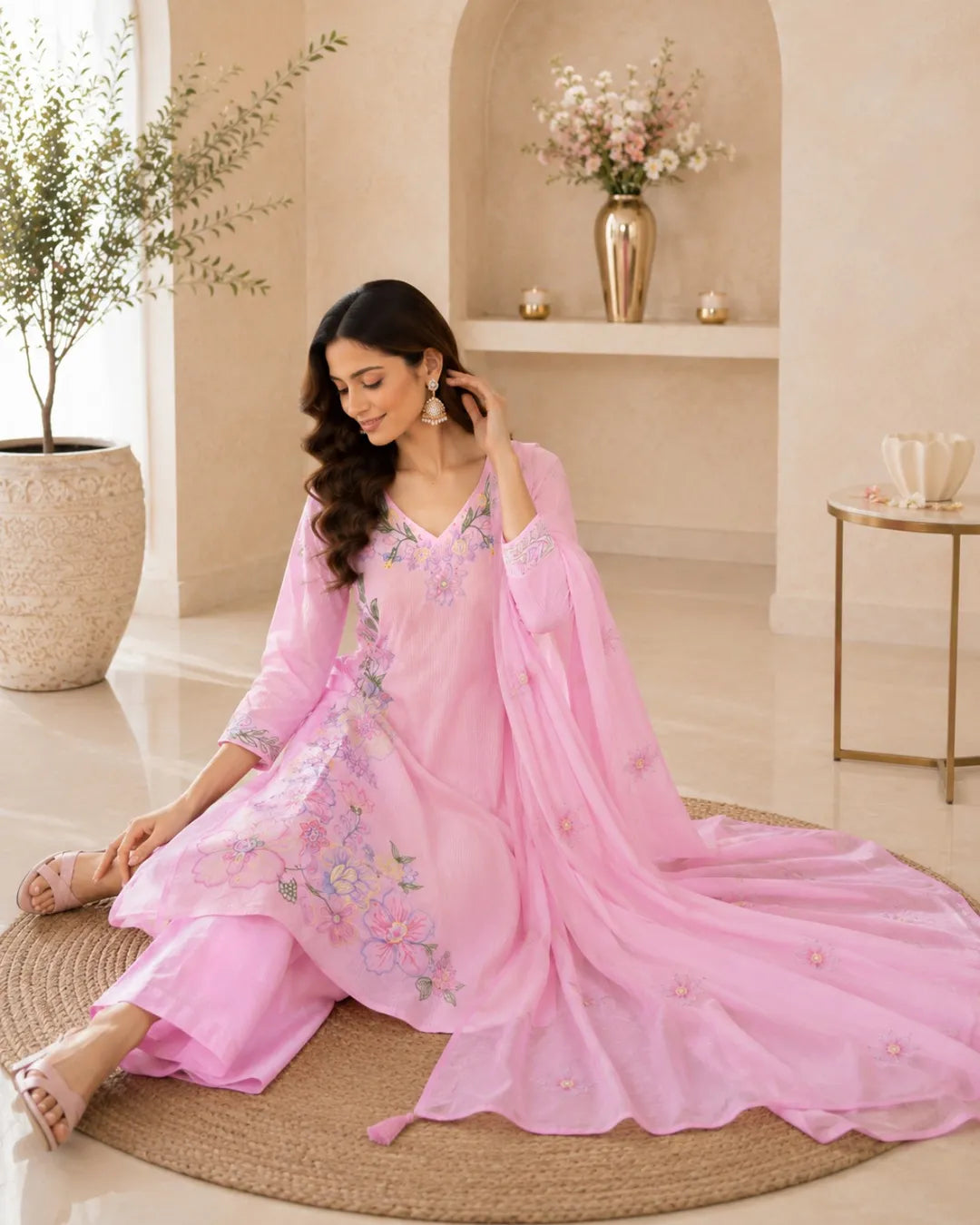 Blush Bloom Anarkali Cotton Suit Set