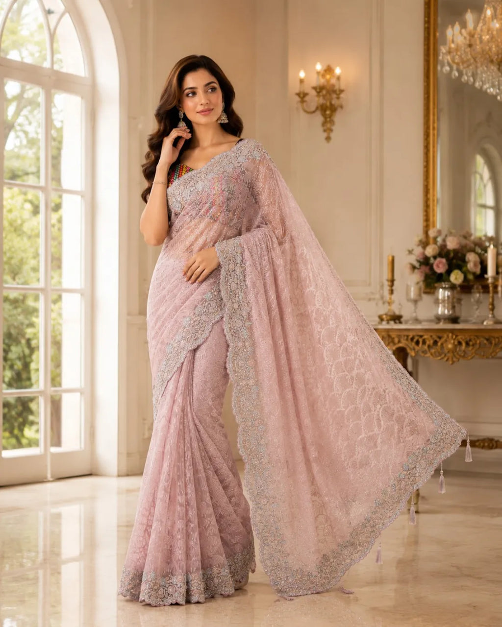 Blush Elegance Embroidered Net Saree