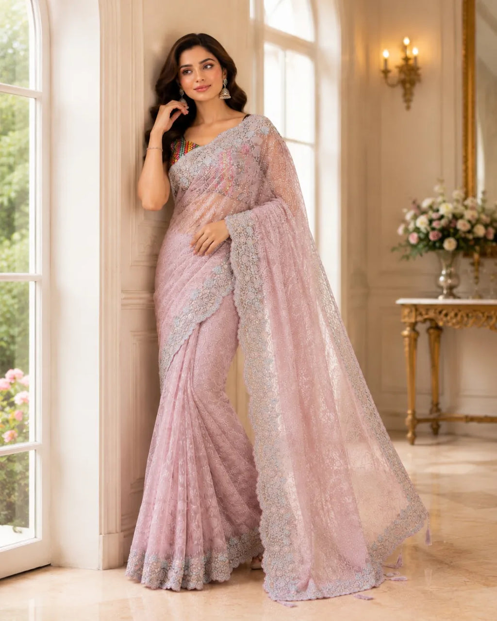 Blush Elegance Embroidered Net Saree