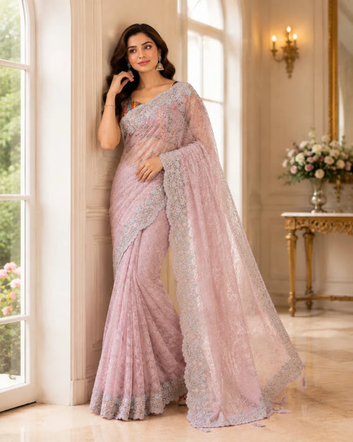 Blush Elegance Embroidered Net Saree