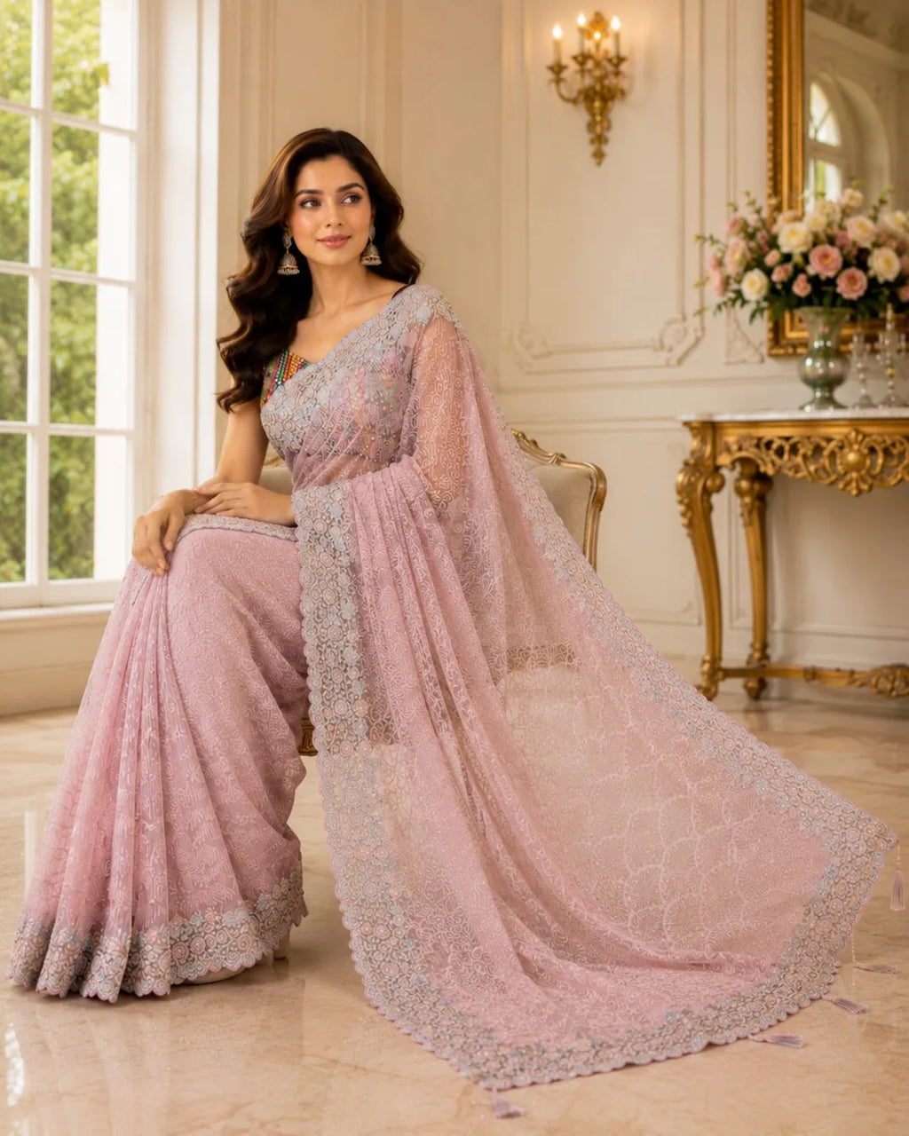 Blush Elegance Embroidered Net Saree