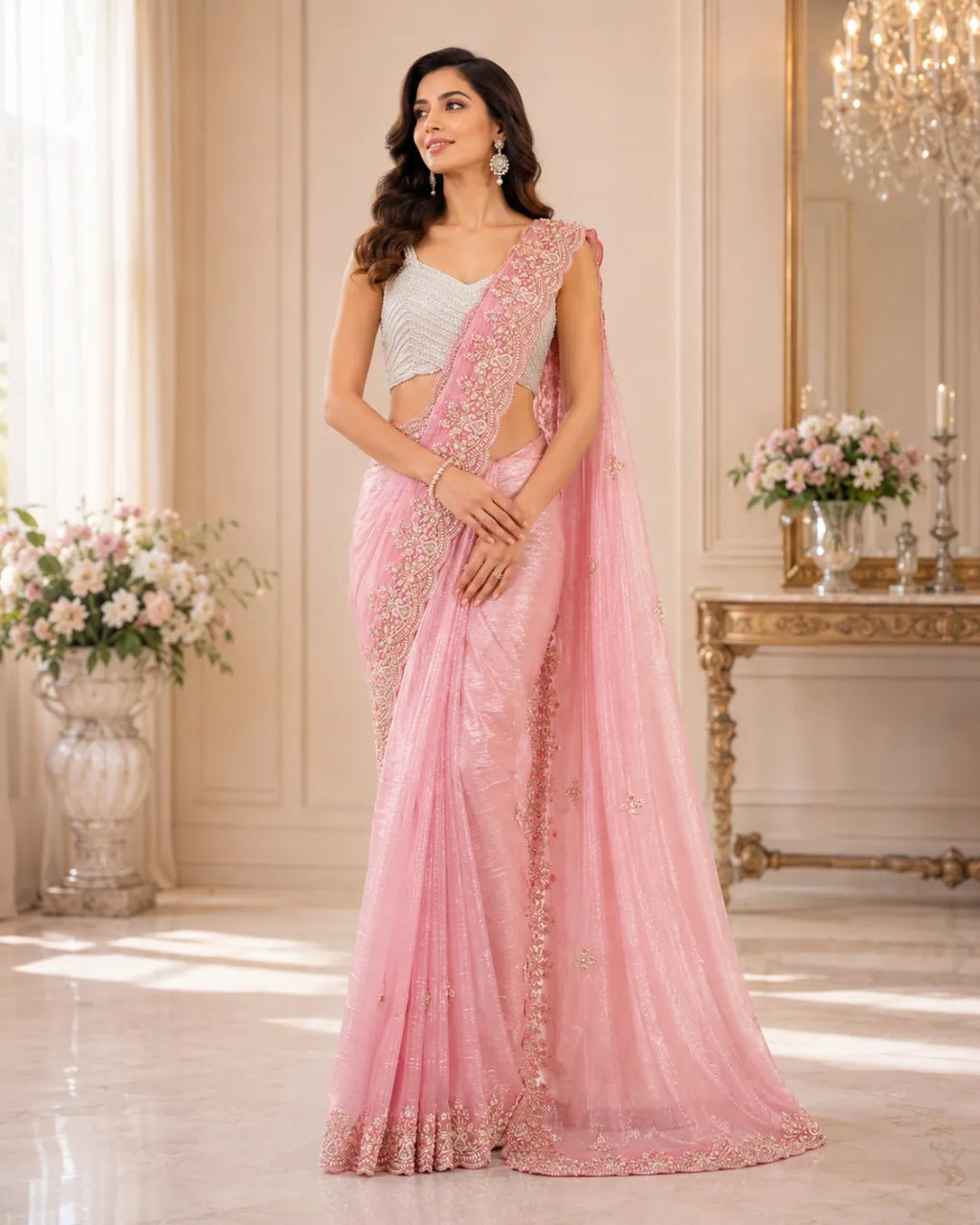 Blush Rose Ruched Tissue Saree
