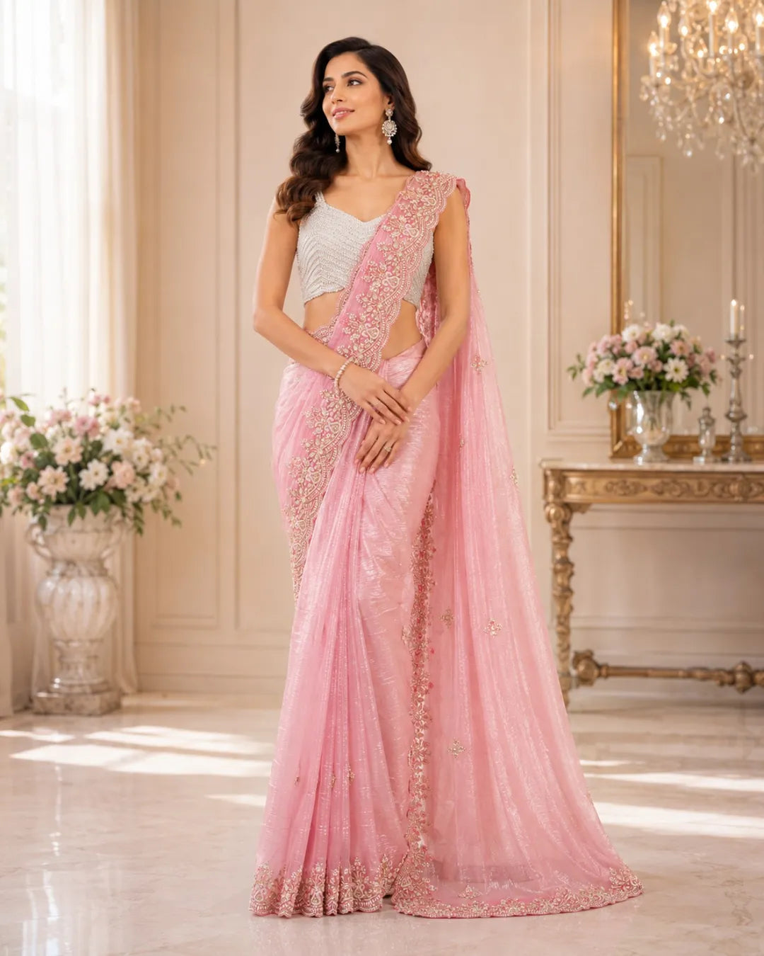 Blush Rose Ruched Tissue Saree