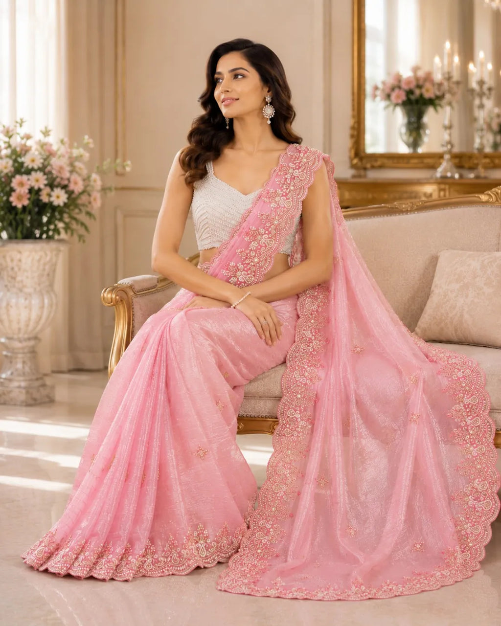 Blush Rose Ruched Tissue Saree