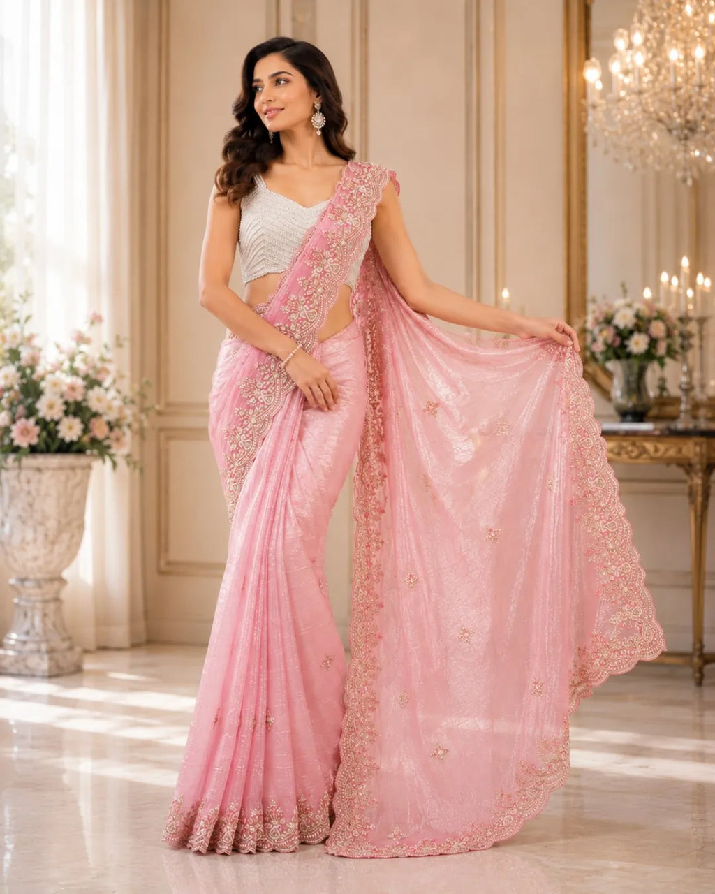 Blush Rose Ruched Tissue Saree