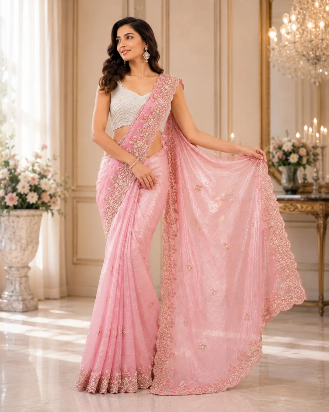 Blush Rose Ruched Tissue Saree