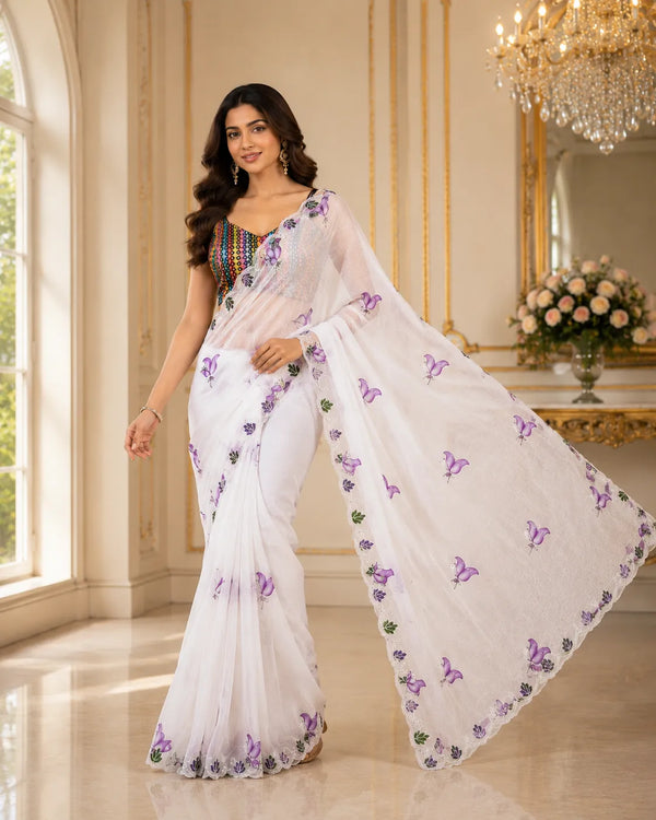 Butterfly Bloom Embroidered Georgette Saree