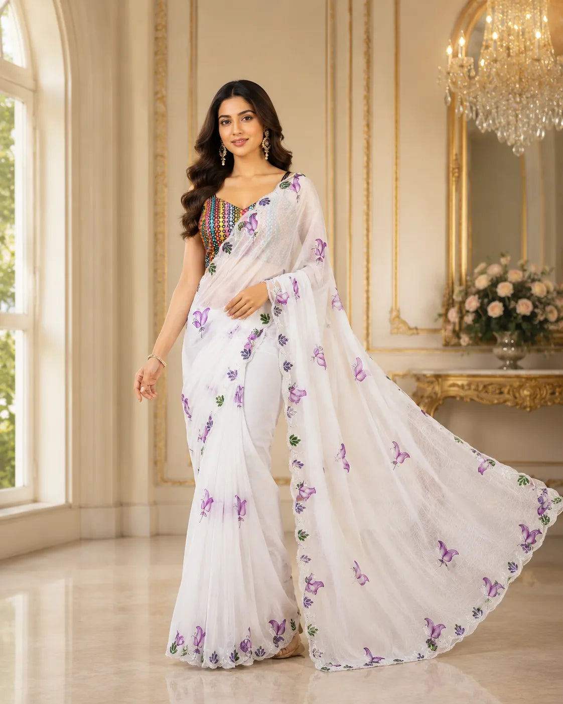 Butterfly Bloom Embroidered Georgette Saree