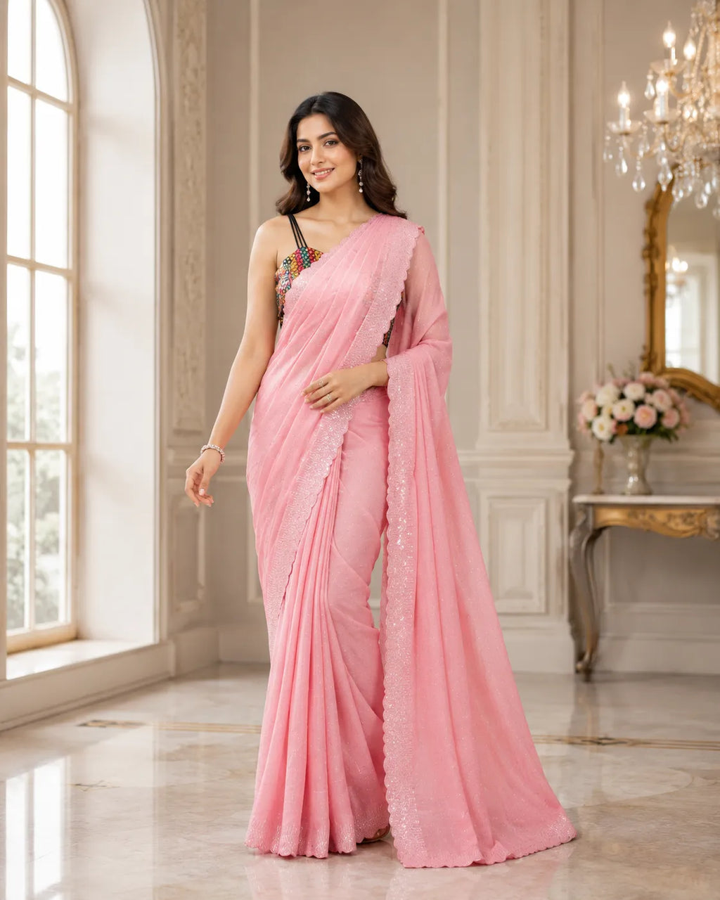 Celeste Scallop Border Shimmer Saree