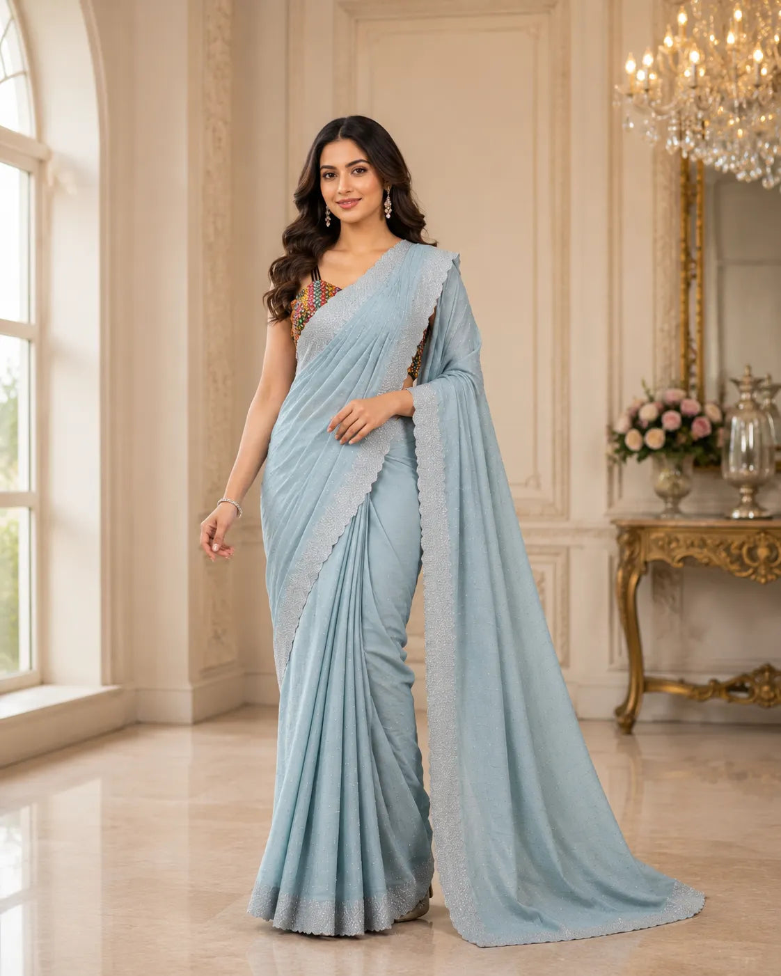Celeste Scallop Border Shimmer Saree