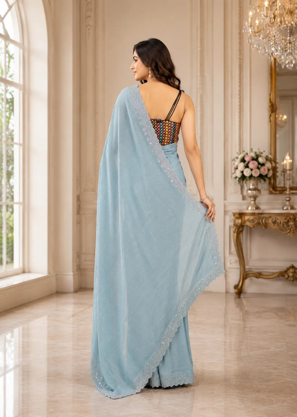 Celeste Scallop Border Shimmer Saree
