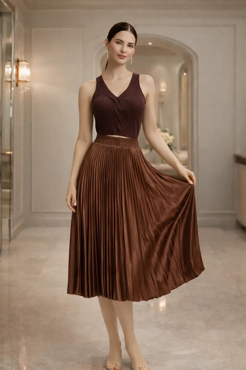 Chic Satin Pleated Midi Skirt