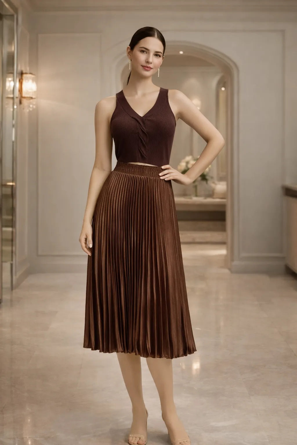 Chic Satin Pleated Midi Skirt