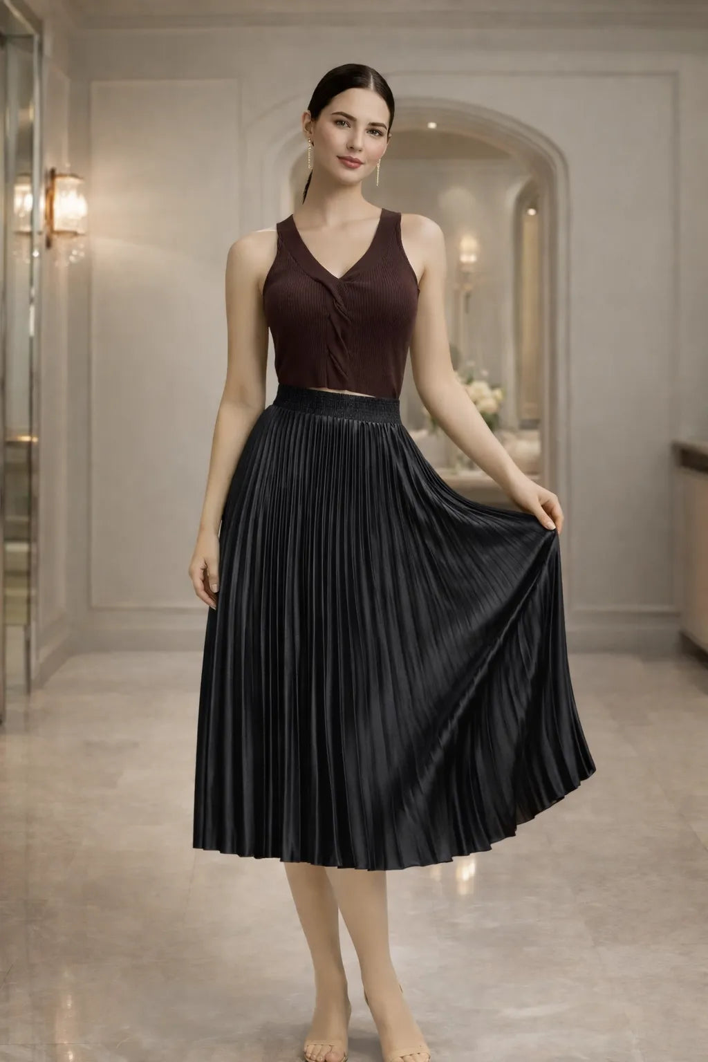 Chic Satin Pleated Midi Skirt