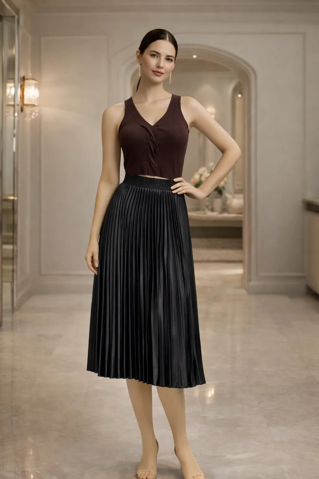 Chic Satin Pleated Midi Skirt