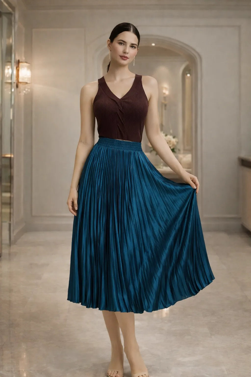 Chic Satin Pleated Midi Skirt