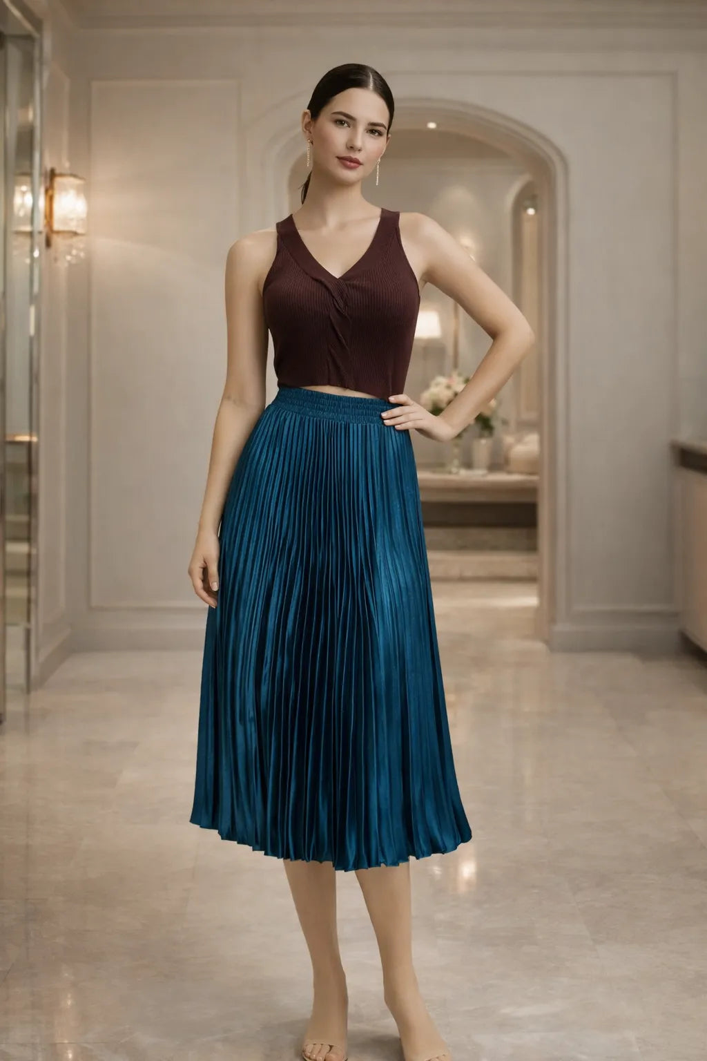 Chic Satin Pleated Midi Skirt
