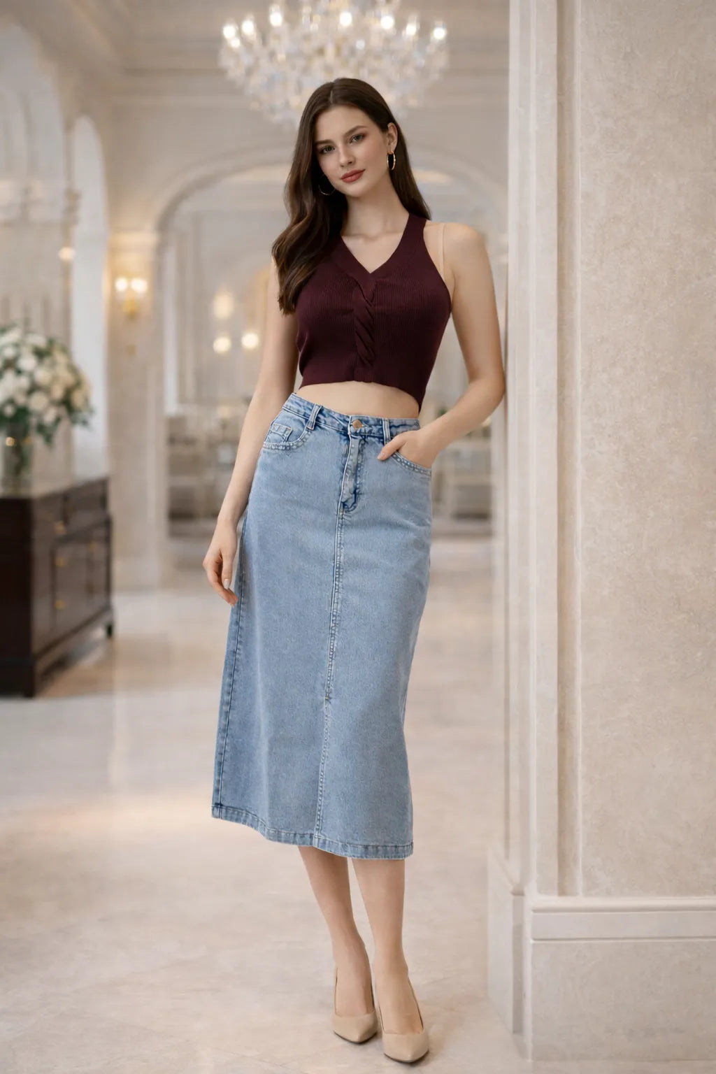 Classic Blue Midi Denim Skirt