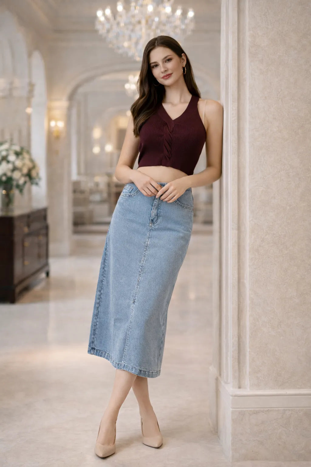 Classic Blue Midi Denim Skirt