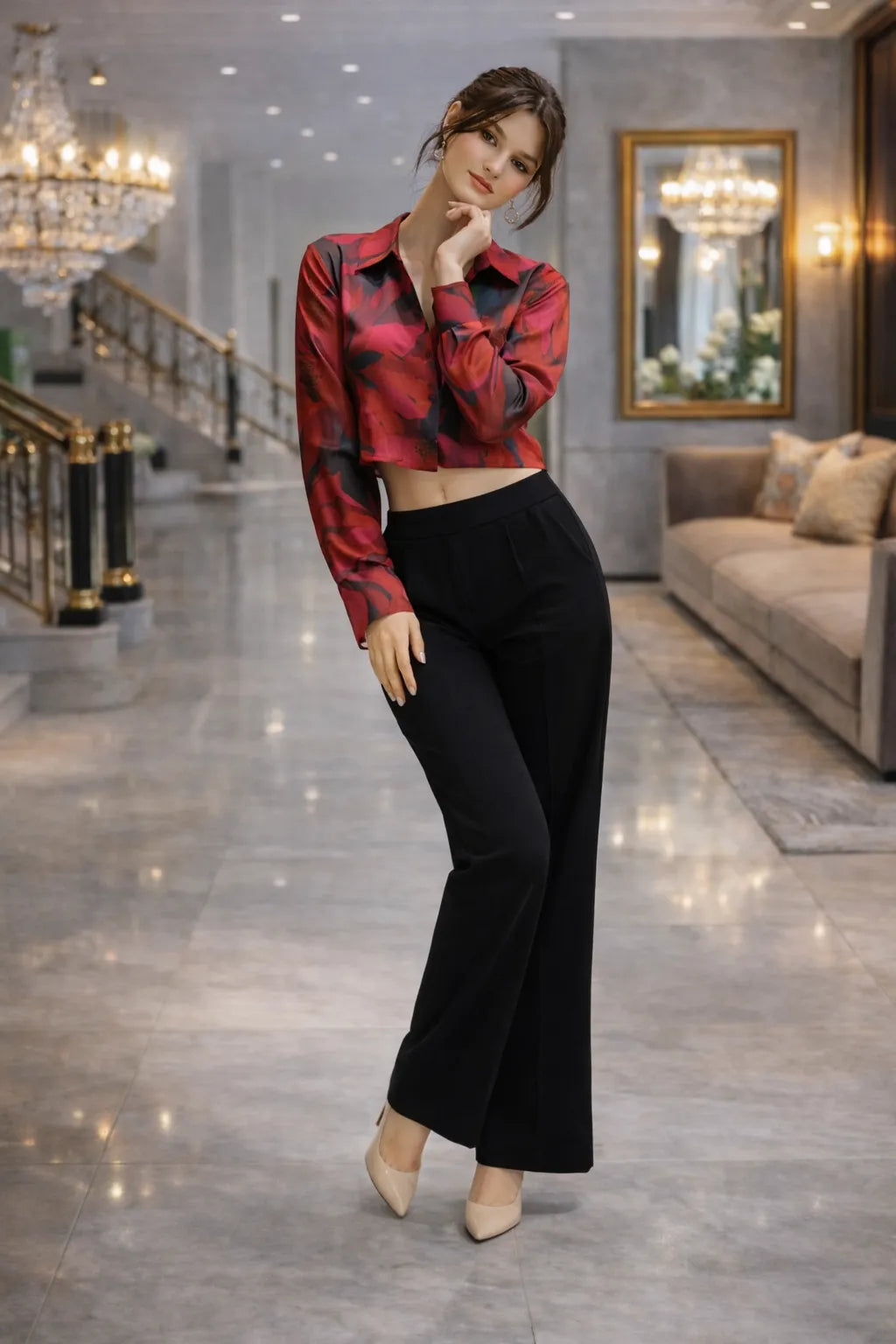 Crimson Abstract Crop Shirt