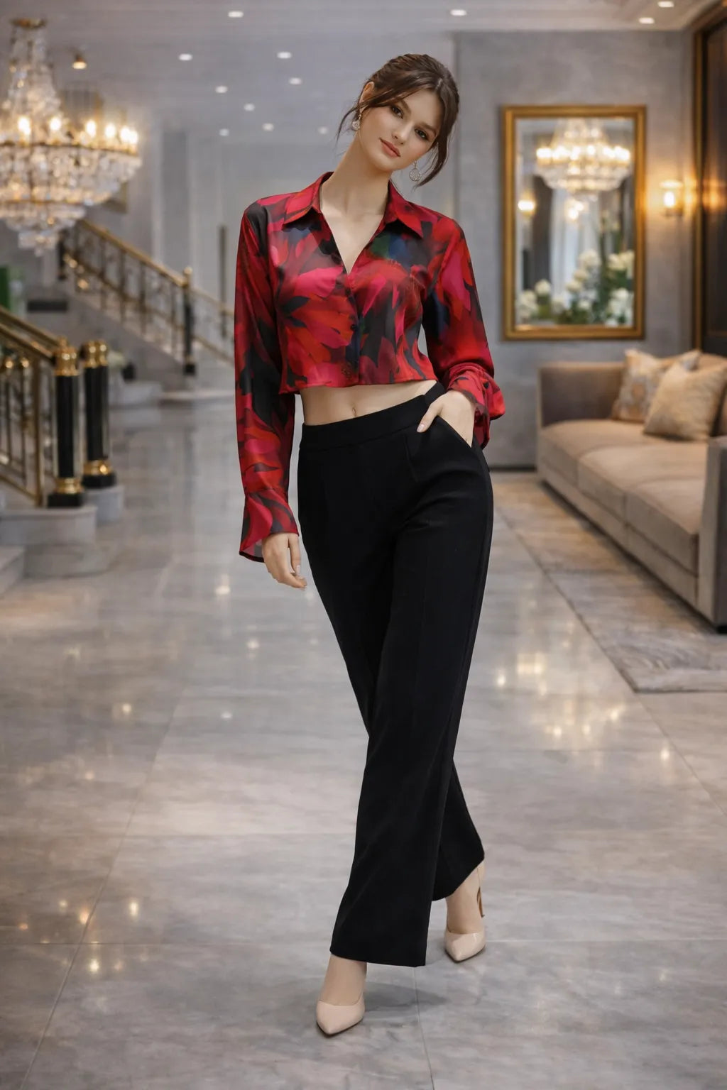 Crimson Abstract Crop Shirt