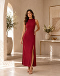 Crimson Elegant High Neck Maxi Dress
