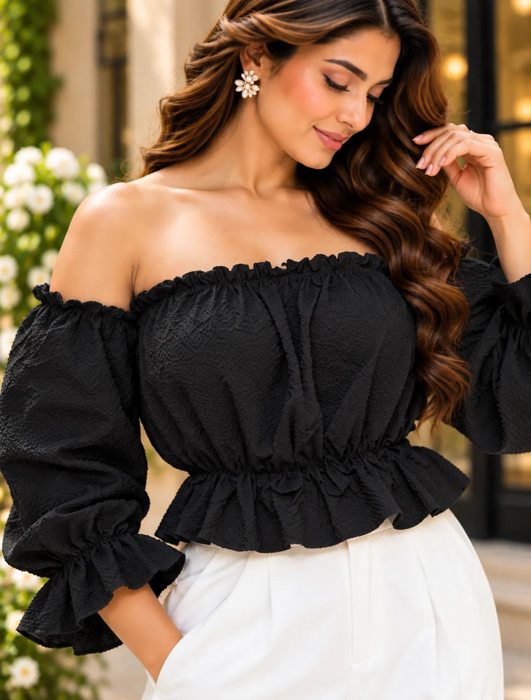 Elan Ruche Off Shoulder Top