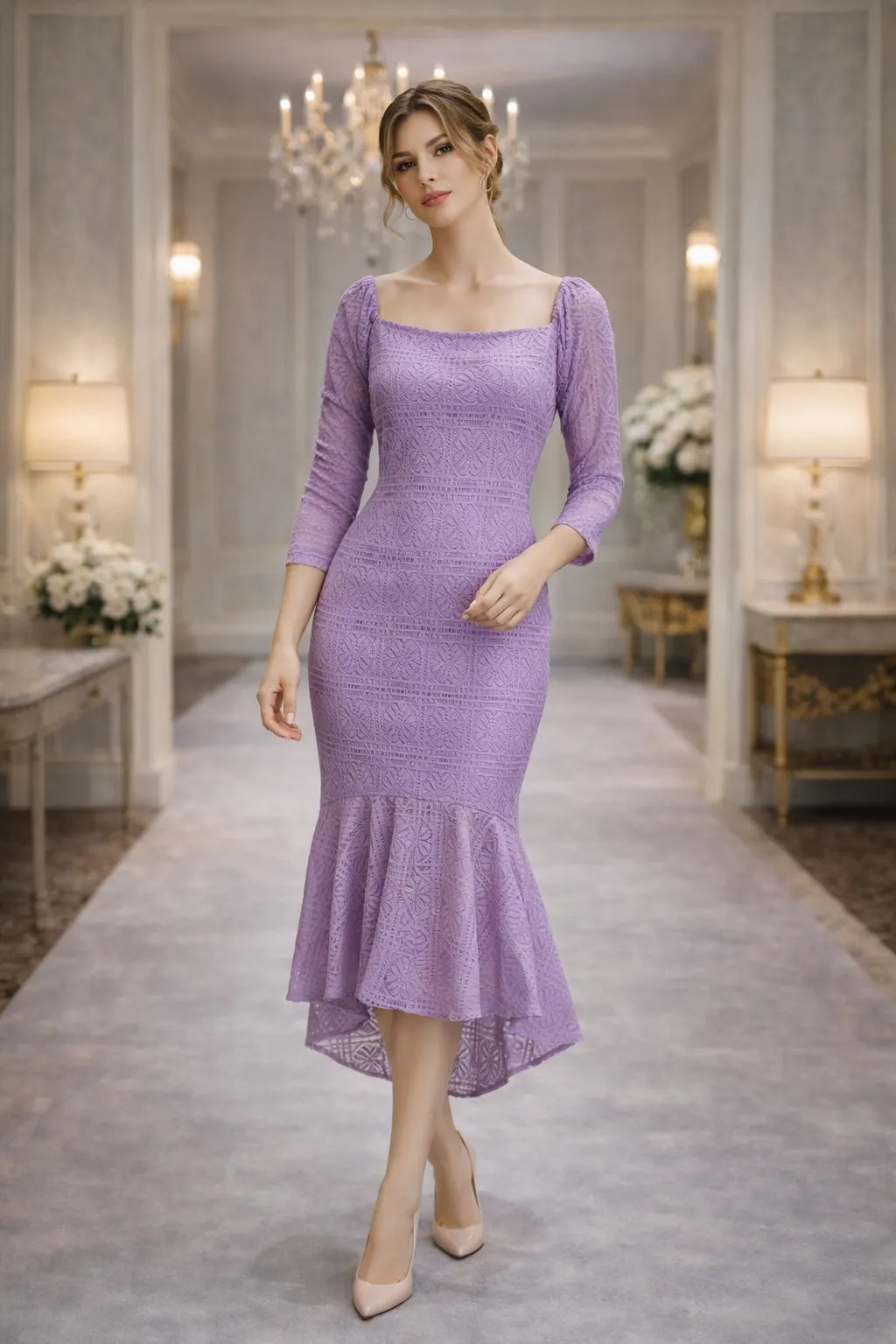 Elegant Lace Mermaid Midi Dress