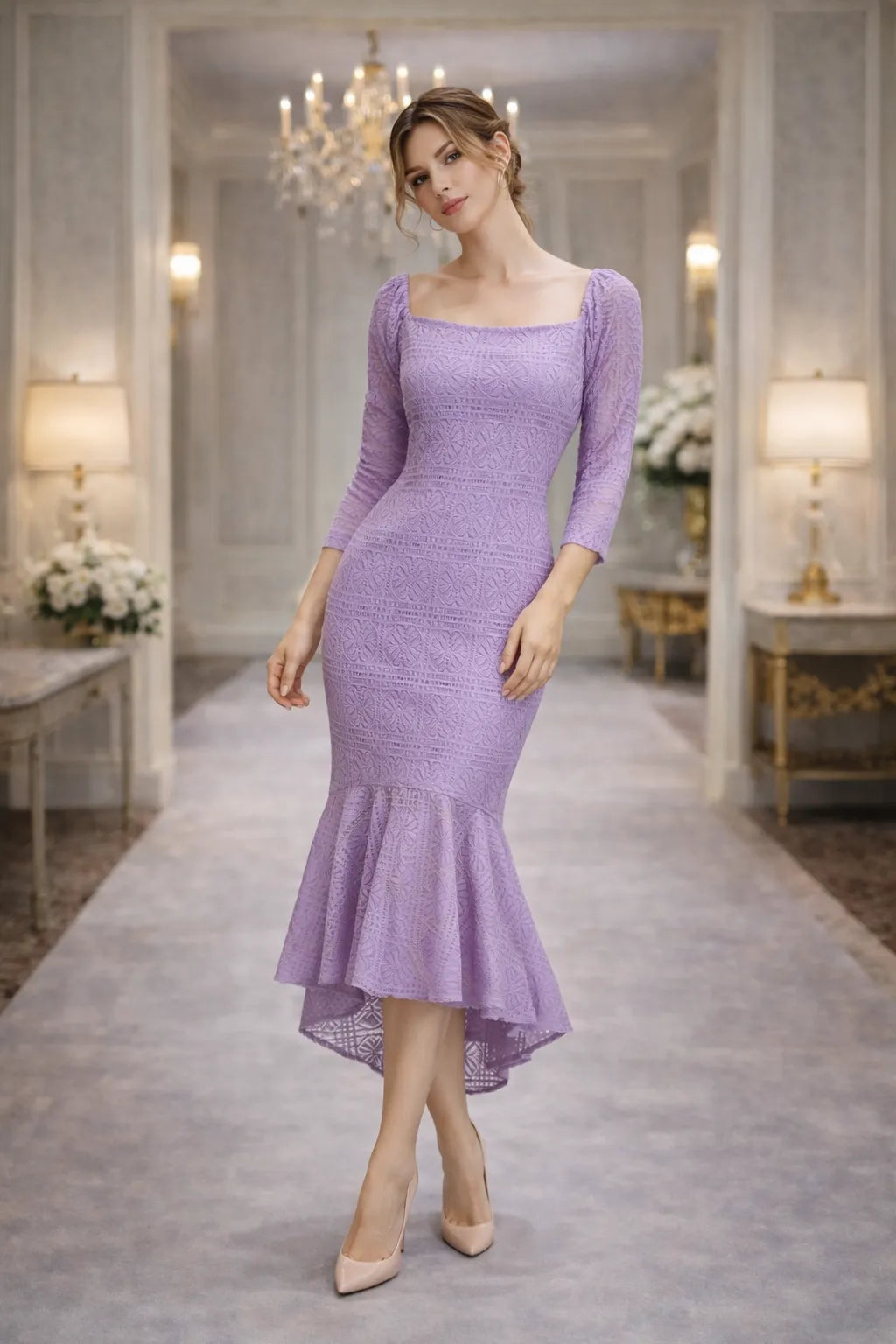 Elegant Lace Mermaid Midi Dress