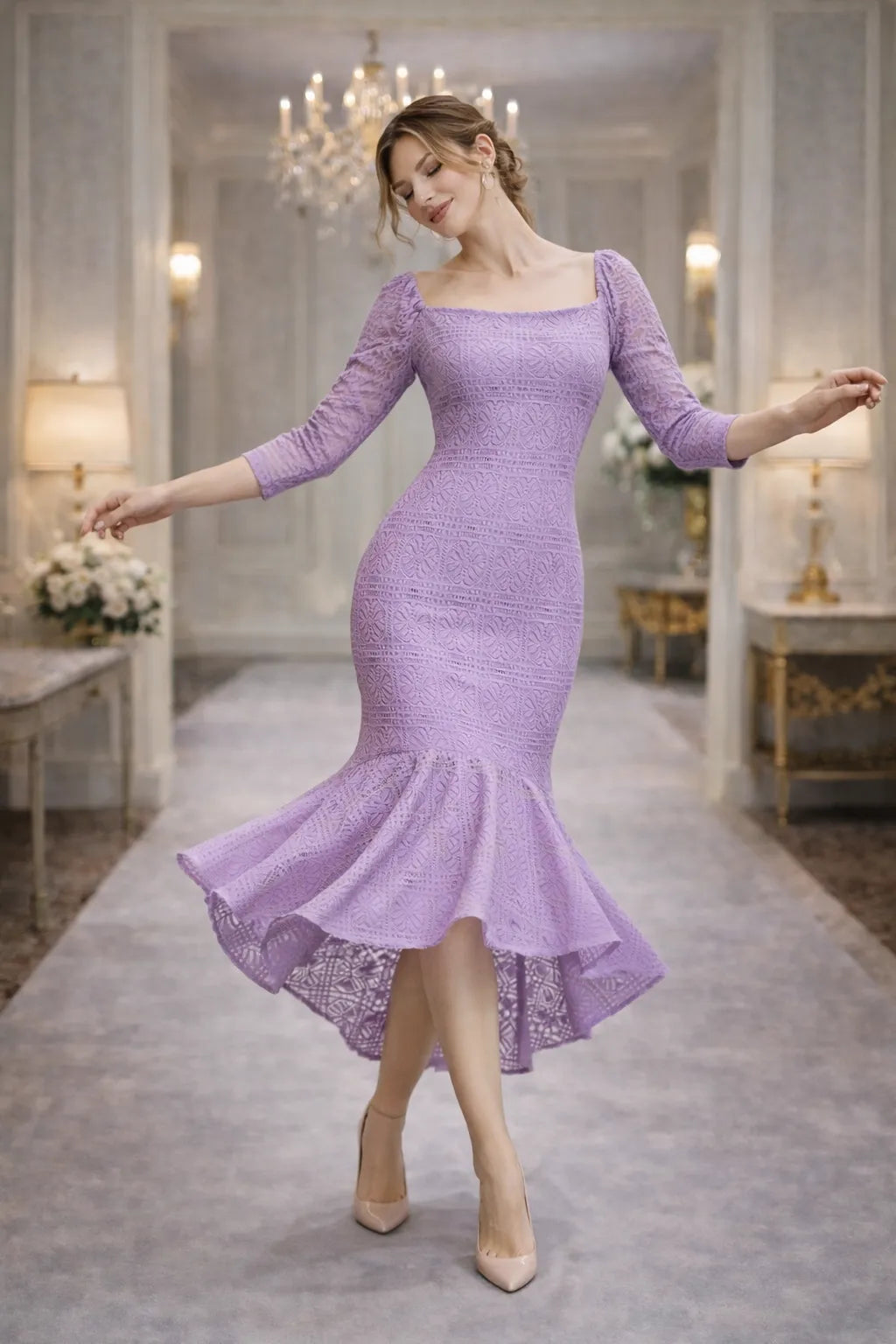 Elegant Lace Mermaid Midi Dress
