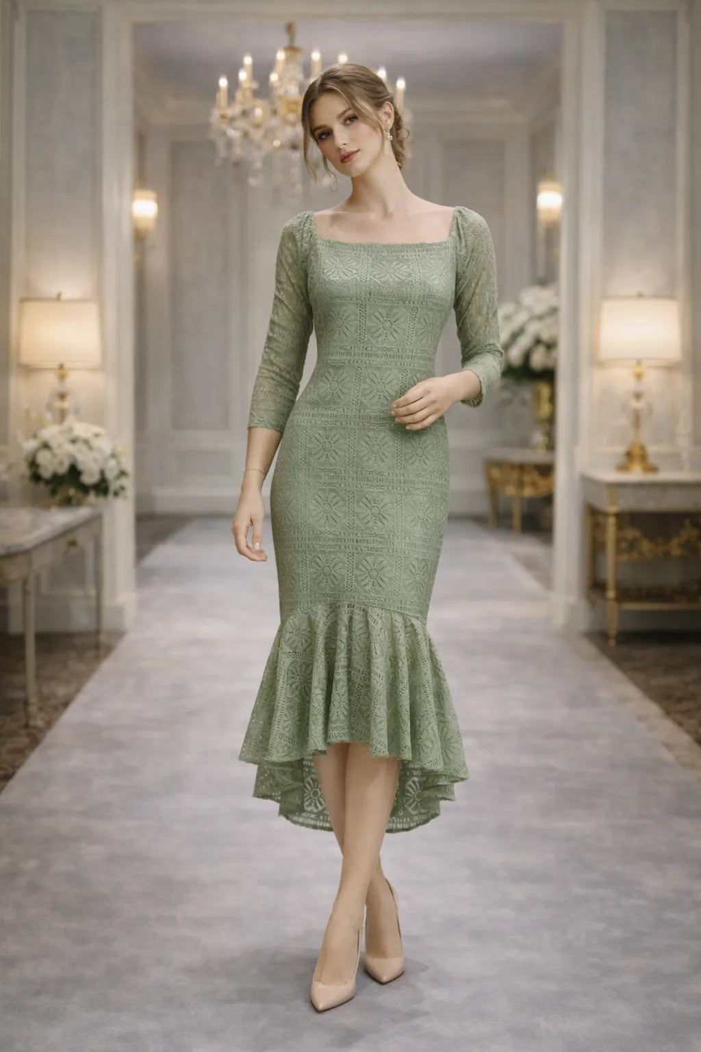 Elegant Lace Mermaid Midi Dress