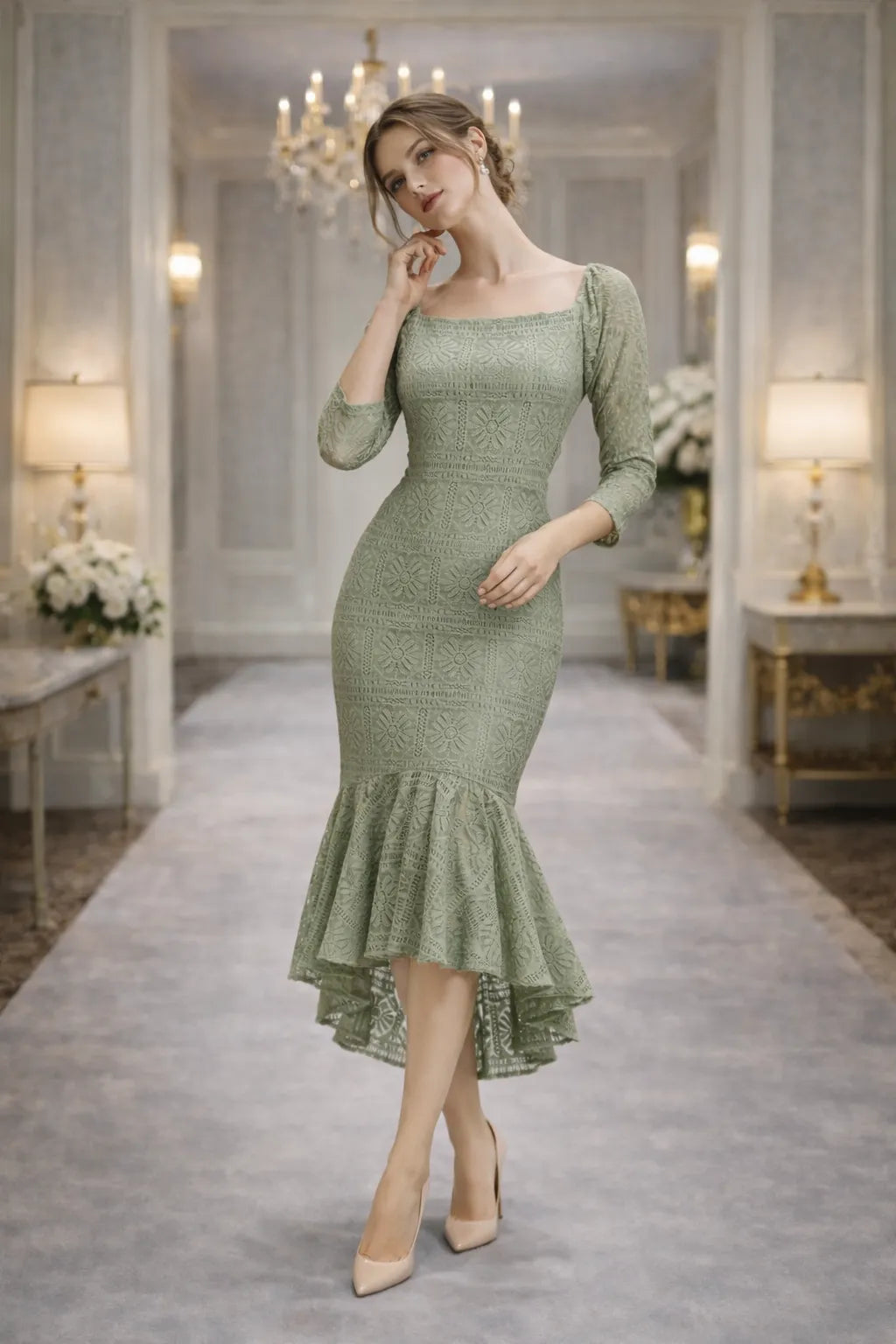 Elegant Lace Mermaid Midi Dress