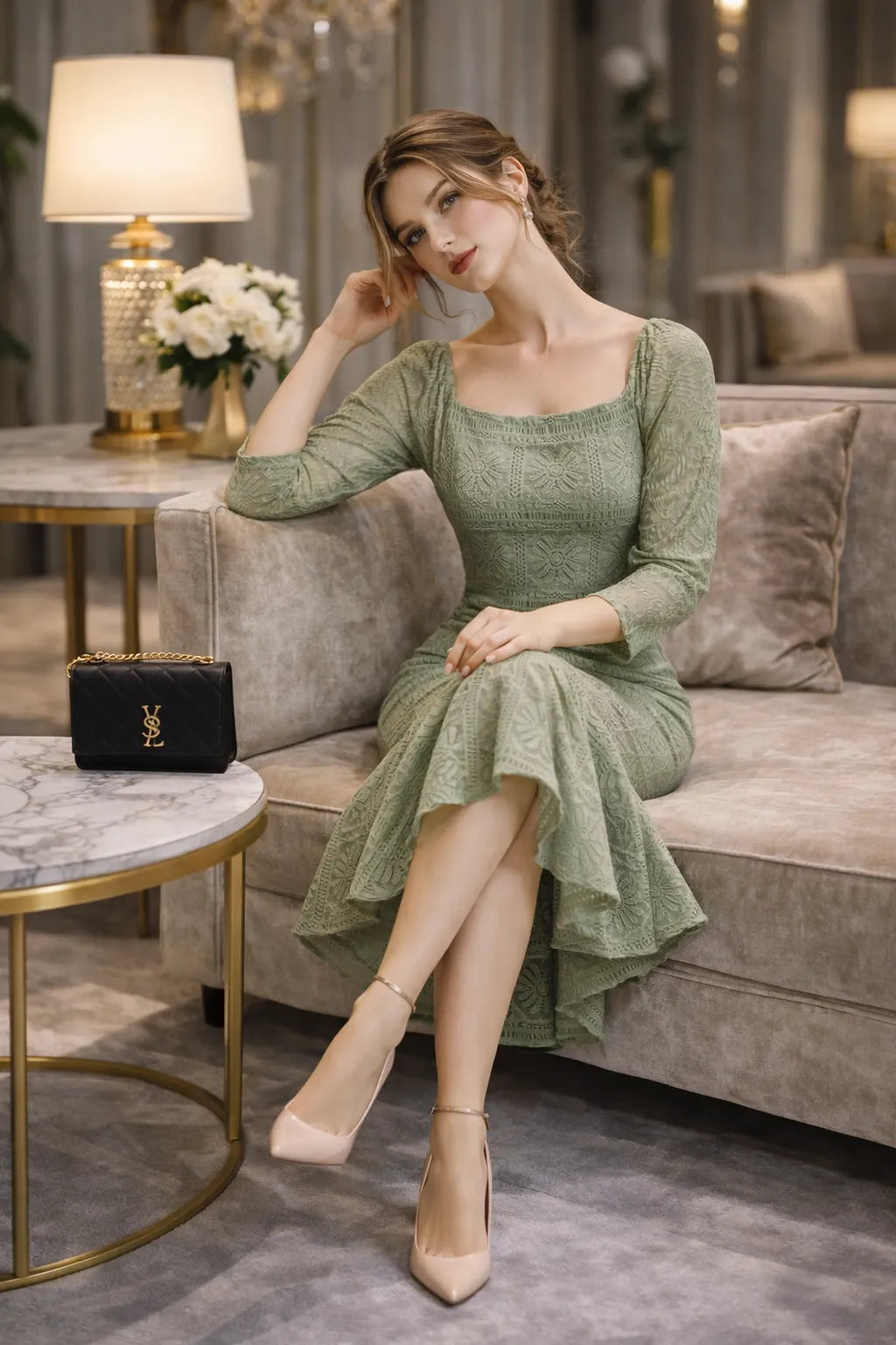 Elegant Lace Mermaid Midi Dress