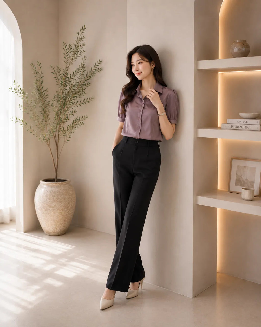 Elegant Mauve Satin Office Shirt