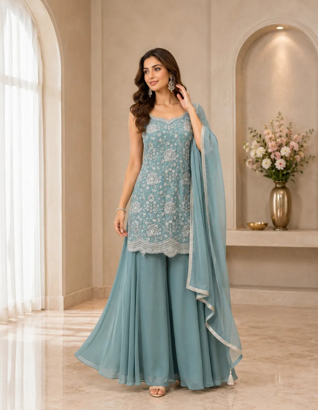 Embroidered Short Kurti Palazzo Set With Dupatta