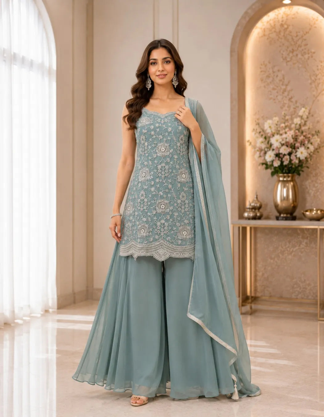 Embroidered Short Kurti Palazzo Set With Dupatta