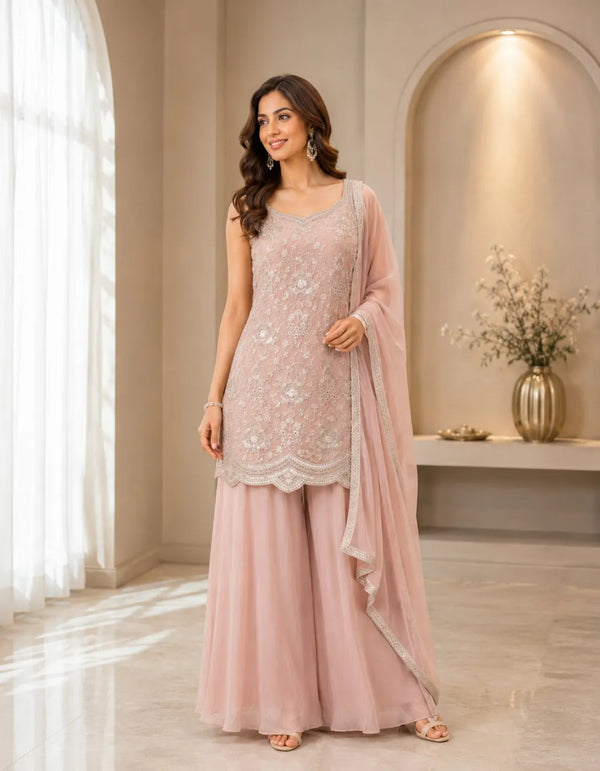 Embroidered Short Kurti Palazzo Set With Dupatta